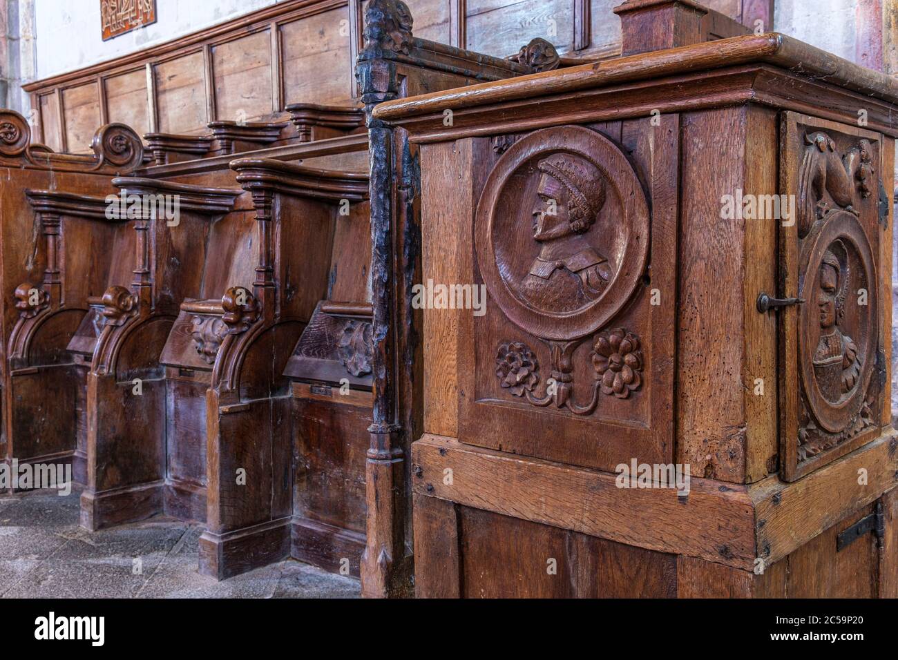 France, Cantal, Notre Dame de la Nativite church, choir stalls Stock Photo