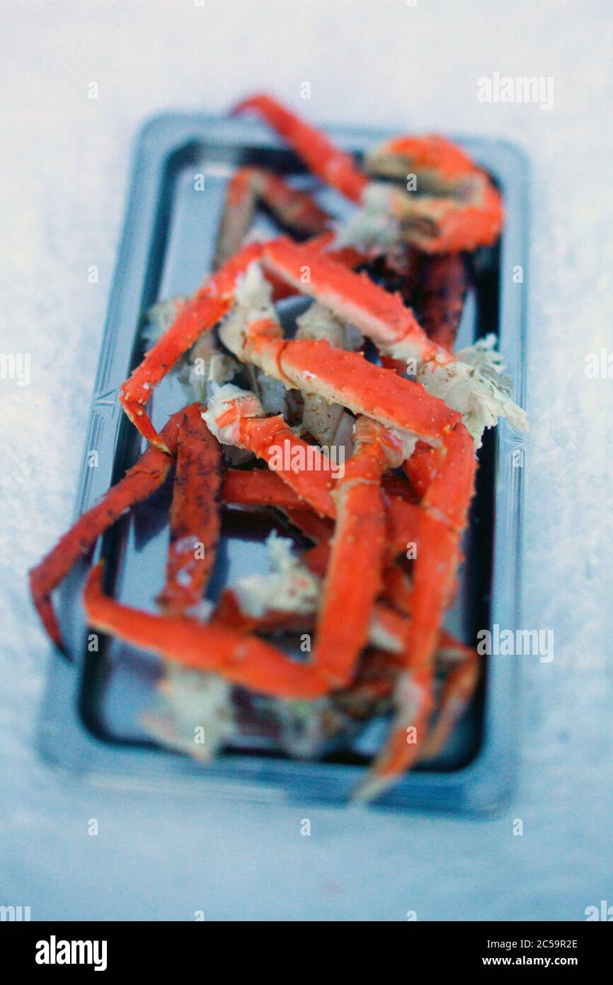 Norway, Lapland, Finnmark County, Kirkenes, claws and snow crab pasta cooked in boiling water ready to taste Stock Photo