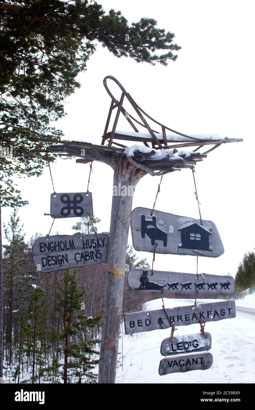 Norway, Lapland, County of Troms og Finnmark, Karasjok, sign at the Engholm-husky design lodge Stock Photo