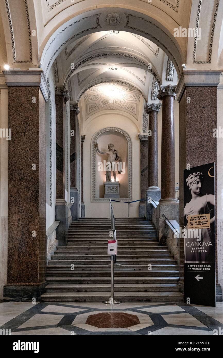 Italy Lazio Palazzo Braschi in Rome: the elegant monumental staircase probably by Valadier, adorned with ancient statues and stuccos Stock Photo