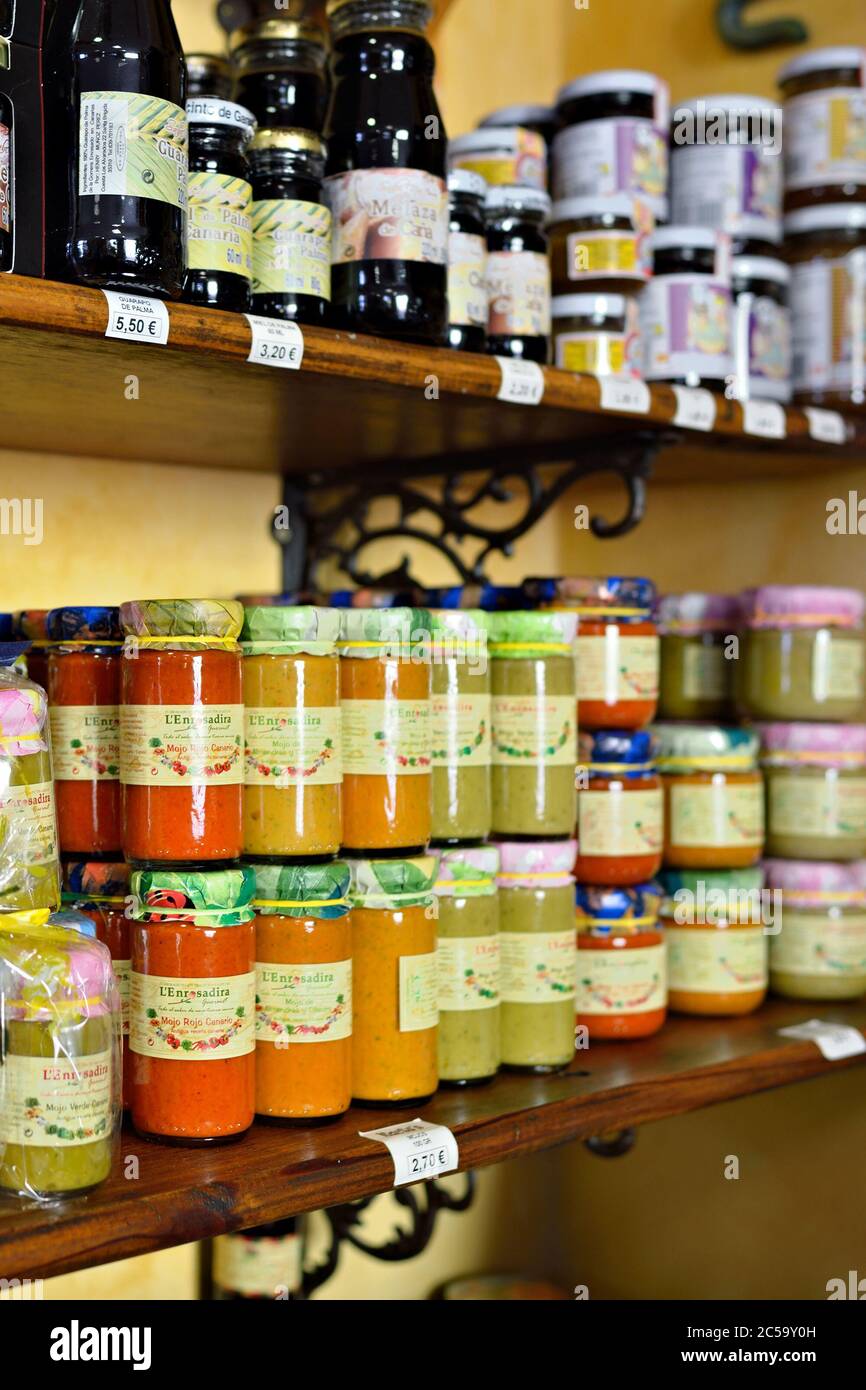 ARUCAS, GRAN CANARIA - FEB 26, 2014 : Souvenir shop in Arucas. Most popular souvenir on Canary islands  is various spicy sauces like Mojo made an anci Stock Photo