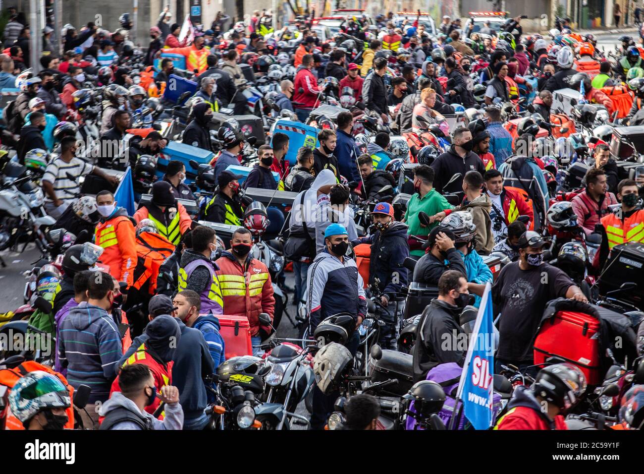 Sao Paulo, Sao Paulo, Brasil. 1st July, 2020. (INT) Protest of APP delivery  men in Sao Paulo. July 1, 2020, Sao Paulo, Brazil: APP Delivery men called  Anti-Fascist Couriers carry out national