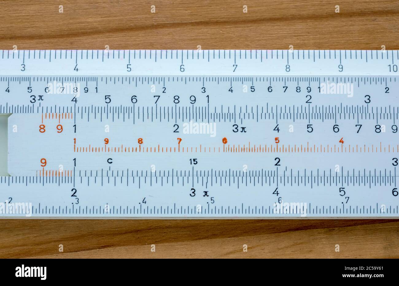 SCIENCE, MATHEMATICS, CALCULATIONS, sliderule, predecessor of the electronic calculator. The *2 multiplication, and the /2 division are shown. Stock Photo