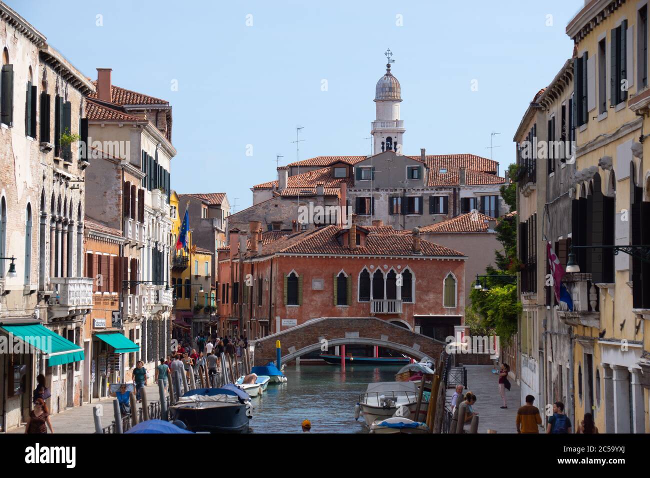 Oct. 1, 2019 - Venice, Italy: view to the streets of Venice (Marcello Bridge), Italy. Usual busy day with people at the streets. Church of San Patalon Stock Photo