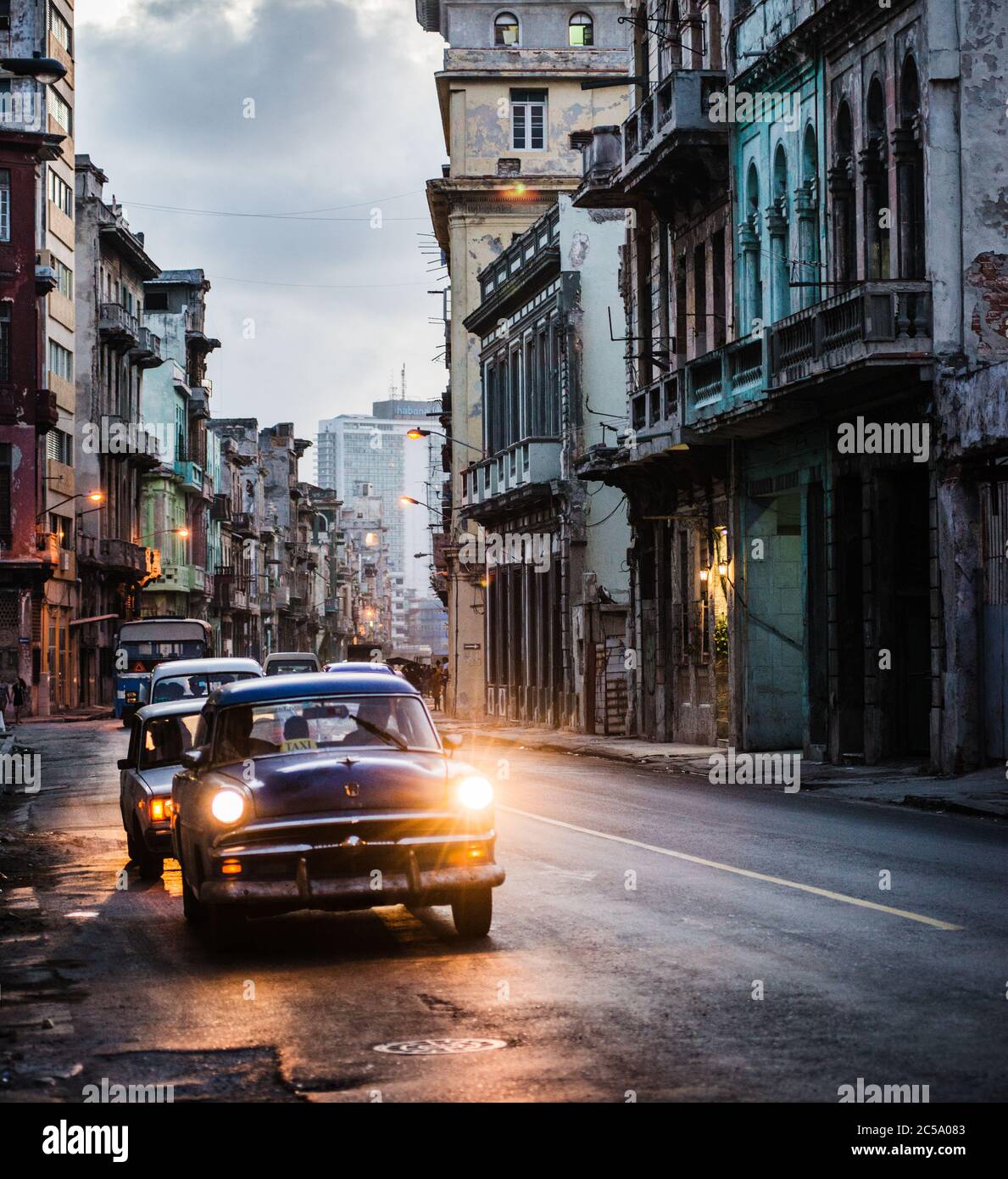 Traffic in old Havana in the evening, Cuba, Caribbean Stock Photo