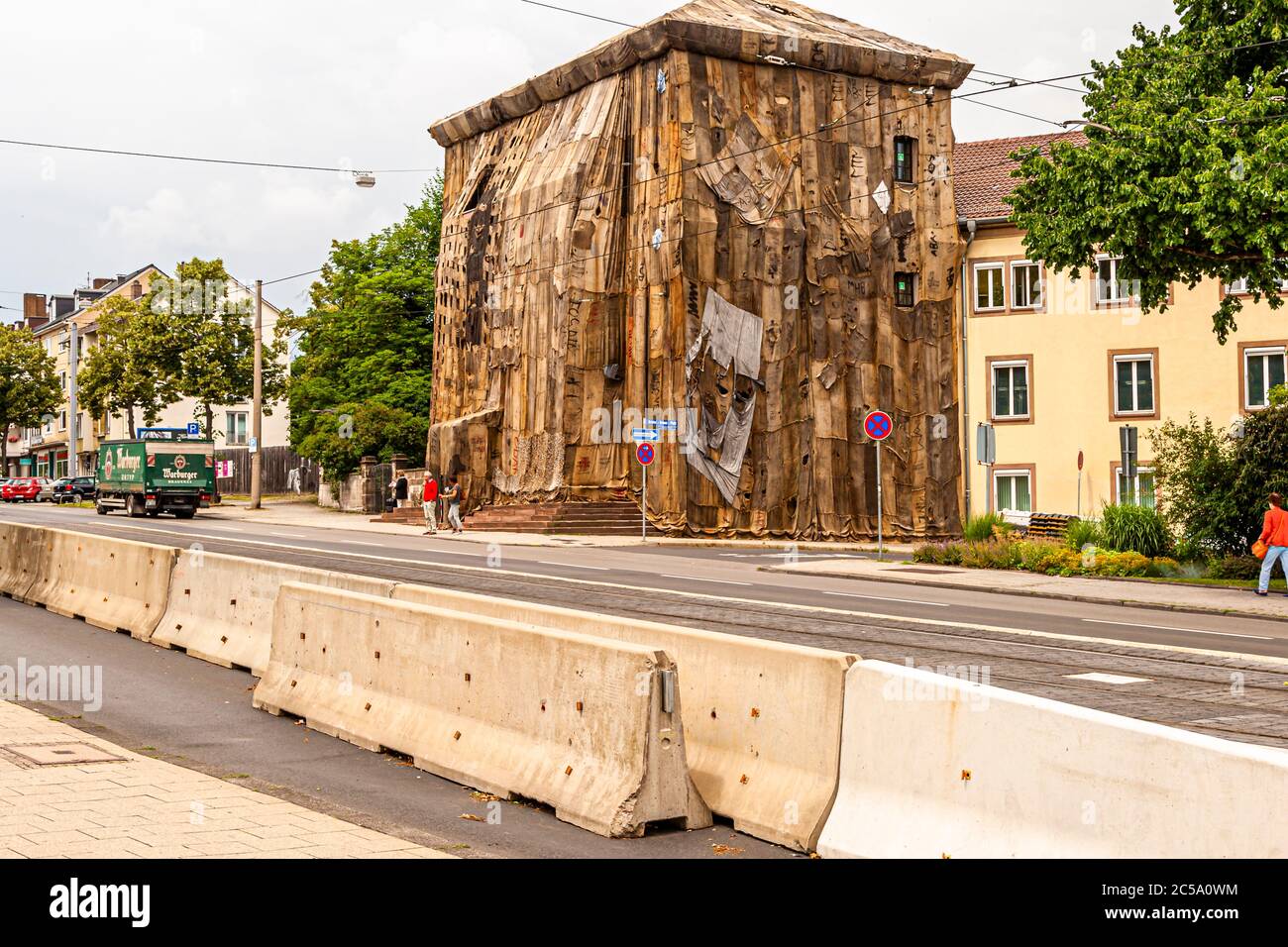 The wrapping of the gate guards with jute sacks by Ibrahim Mahama from Ghana. Torwache covered in Jute Sack, Documenta 14, Kassel, Germany. Documenta Impressions in Kassel, Germany Stock Photo