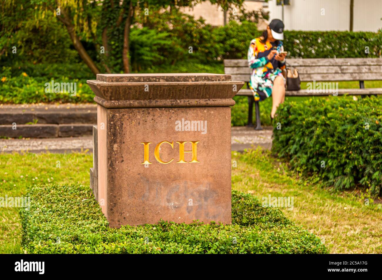 Your self in the center of consideration. The plinth for self-exaltation, also a permanent memento of a Documenta show, can be found directly and permanently in front of the gate guards. Documenta Impressions in Kassel, Germany Stock Photo
