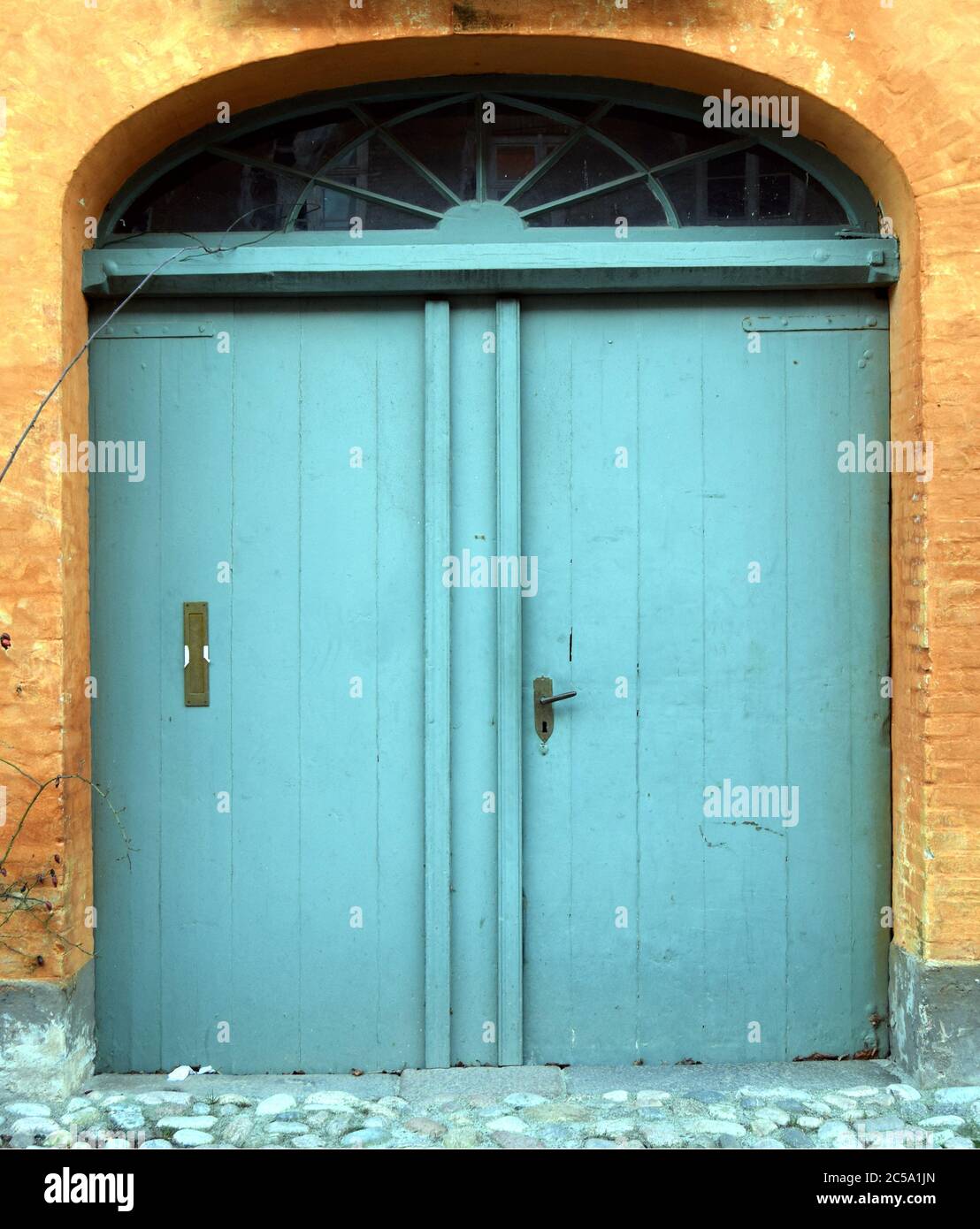 Charming Entrance With Blue Wooden Doors Topped By A Curved Photo Inspiration