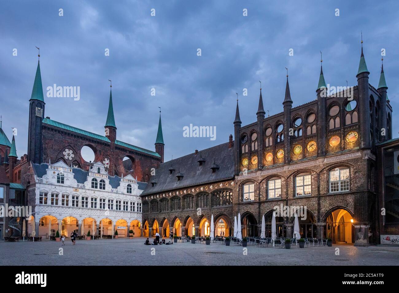 The town hall of the Hanseatic city of Luebeck is one of the most famous buildings of the brick Gothic style. Stock Photo