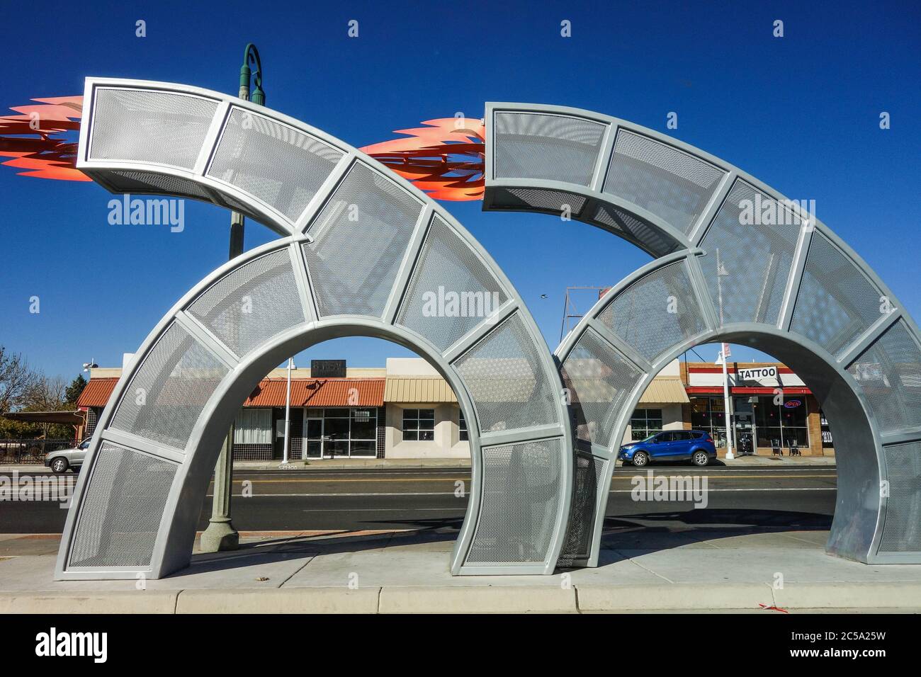 Reels and Wheels - public art sculpture by Hiland Theatre in Albuquerque ,NM Stock Photo