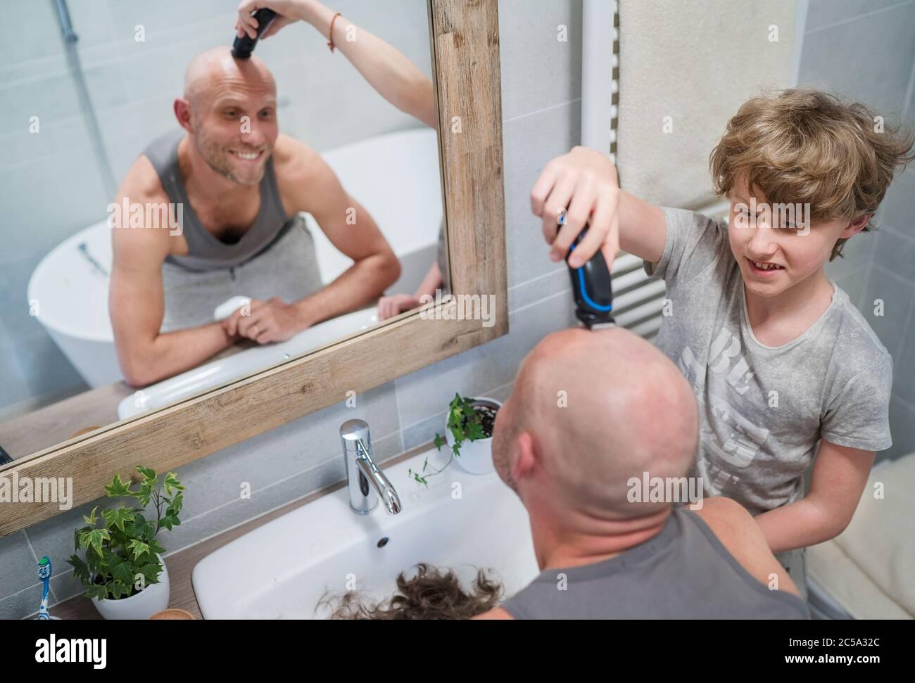 attractive, bald, bald head, bald head man, bald man, barber, barbershop, bathroom, beard, bearded, boy, care, caucasian, cheerful, child, childhood, Stock Photo