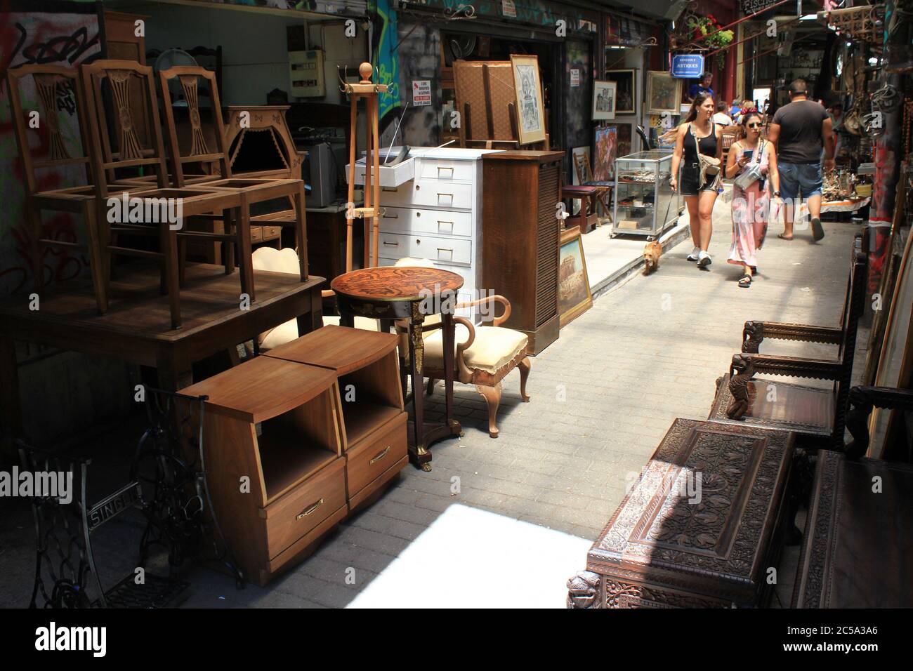 Greece, Athens, June 28 2020 Shops with antique furniture in