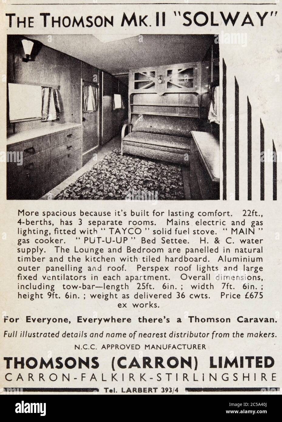 Vintage advertisement for British Thomson Solway caravans. Stock Photo