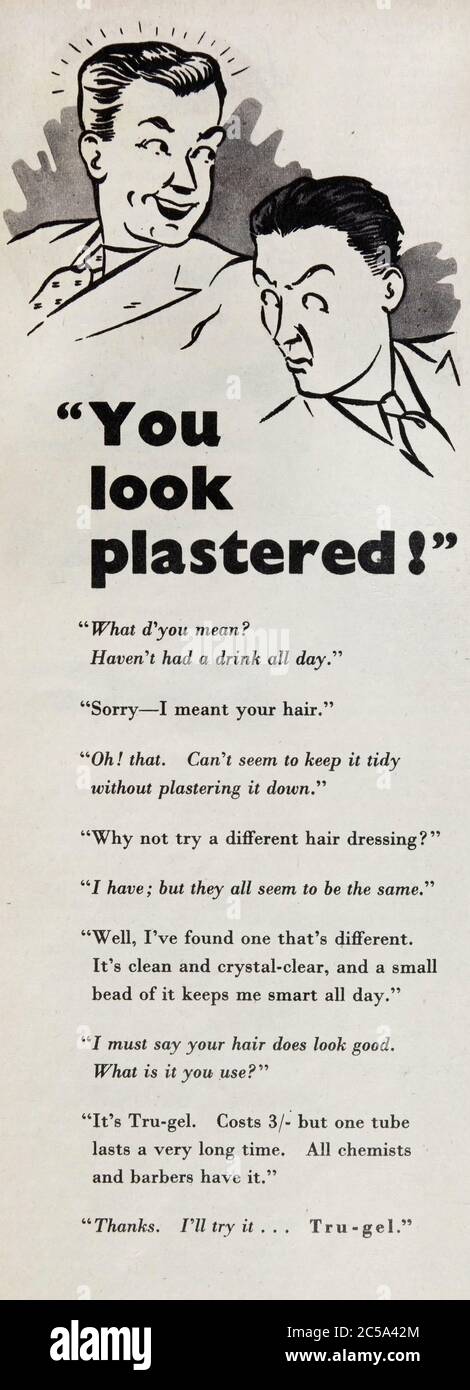 Vintage advertisement for Tru-Gel hair cream. Stock Photo