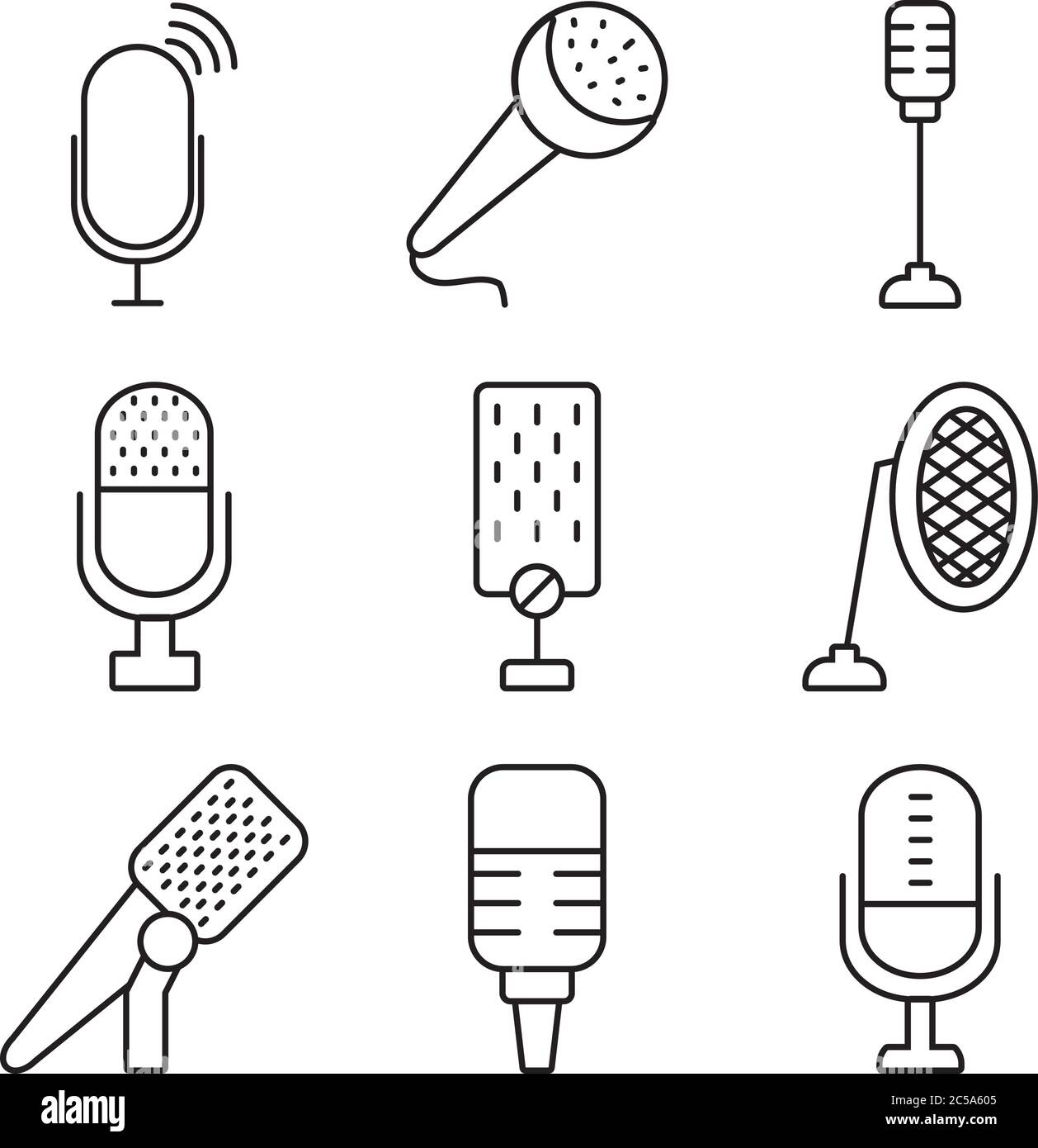 podcasting and retro microphones icon set over white background, line ...