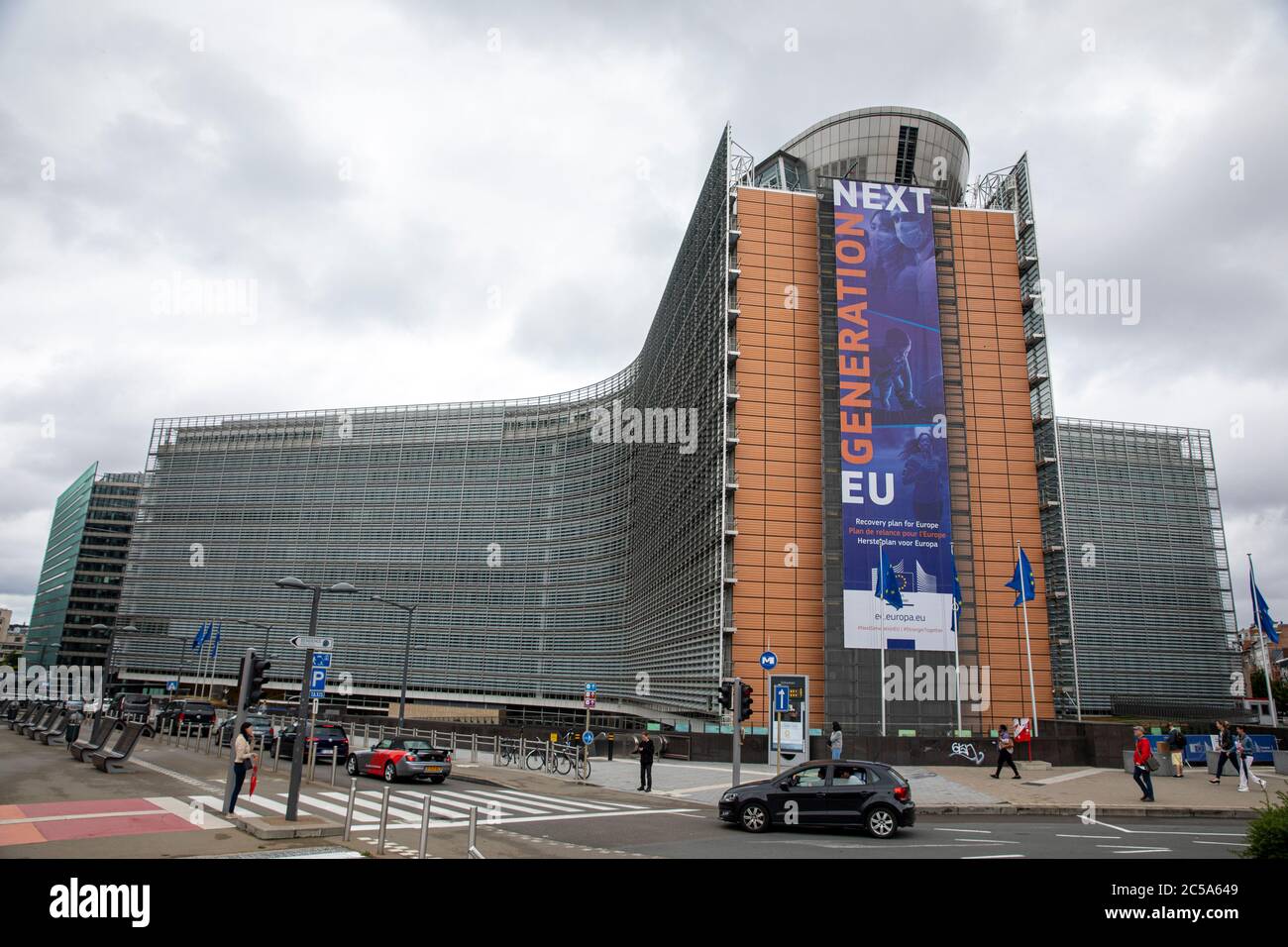 BRUSSELS, Belgium - july 1st, 2020: 'Next Generation EU' banner in front the berlaymont building, the headquarters of the European Commission Stock Photo