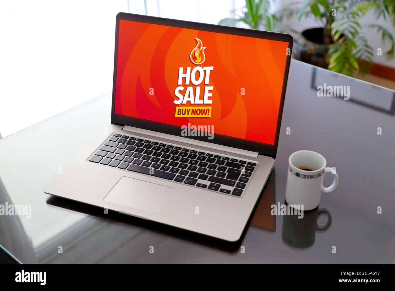 Hot Sale advertising.  Special Offer on laptop screen. Marketing, Internet business. Sales. Stock Photo