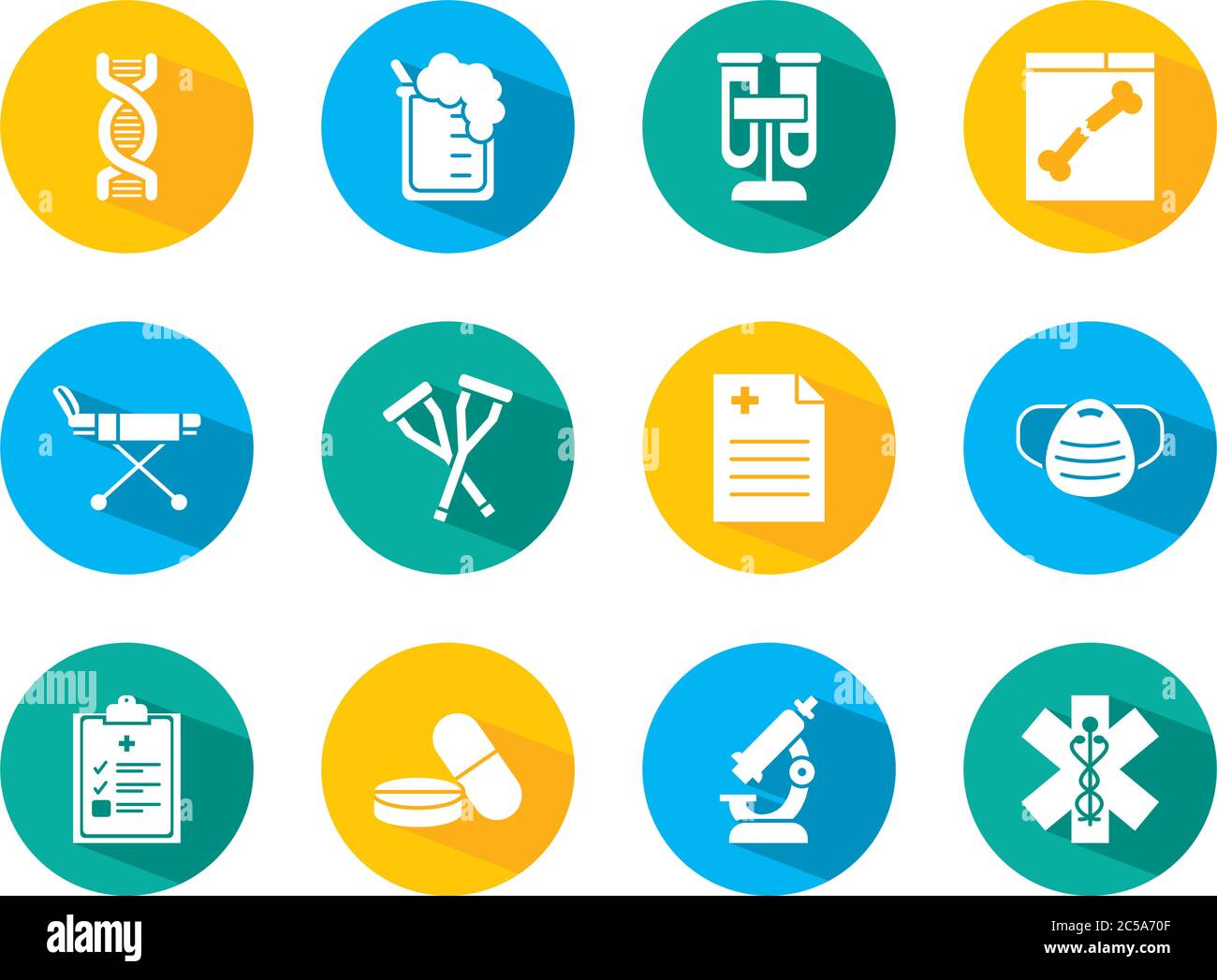 dna chain and medical icon set over white background, block style ...