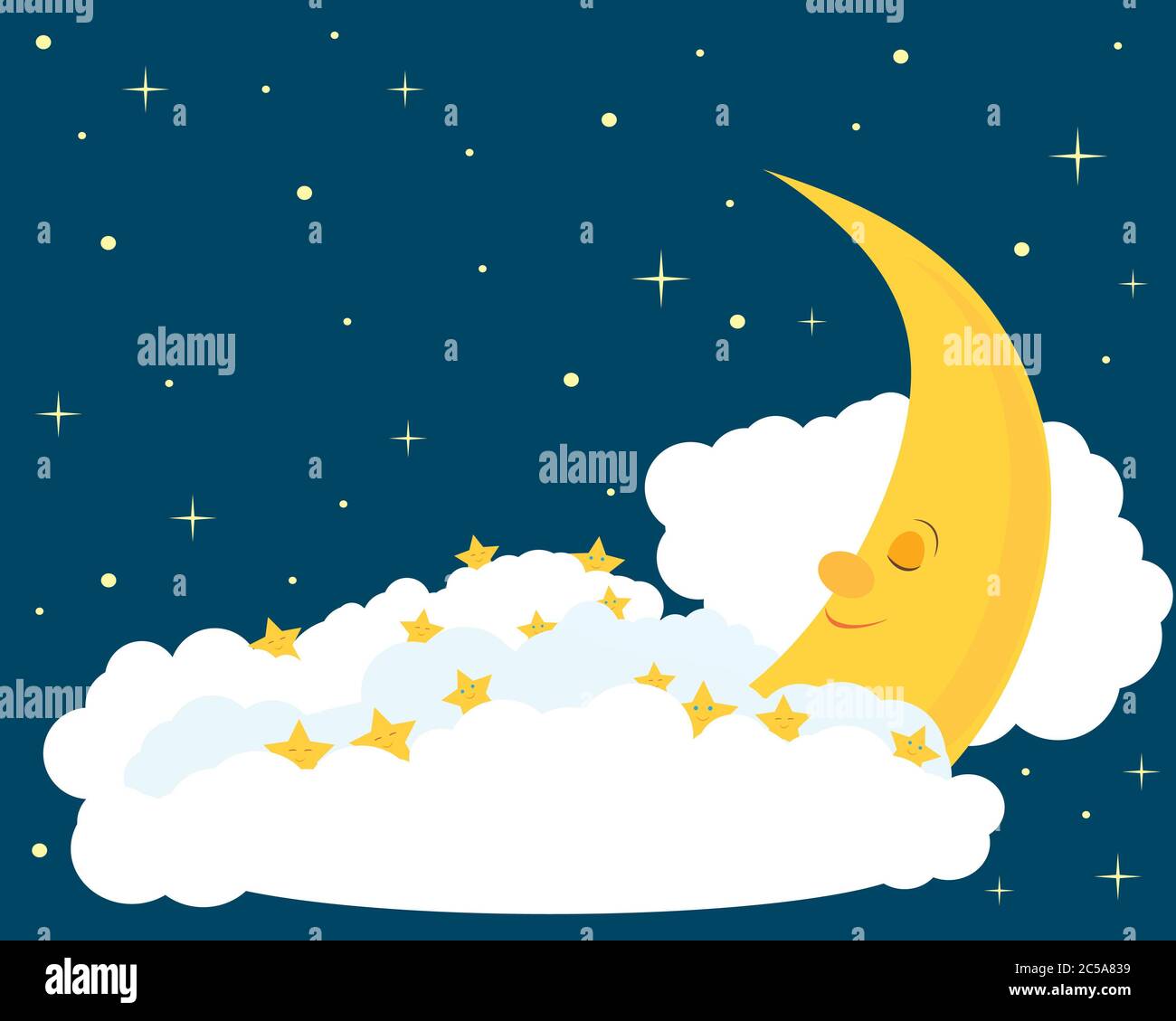 Sleeping moon with dreamy stars and clouds Stock Photo - Alamy
