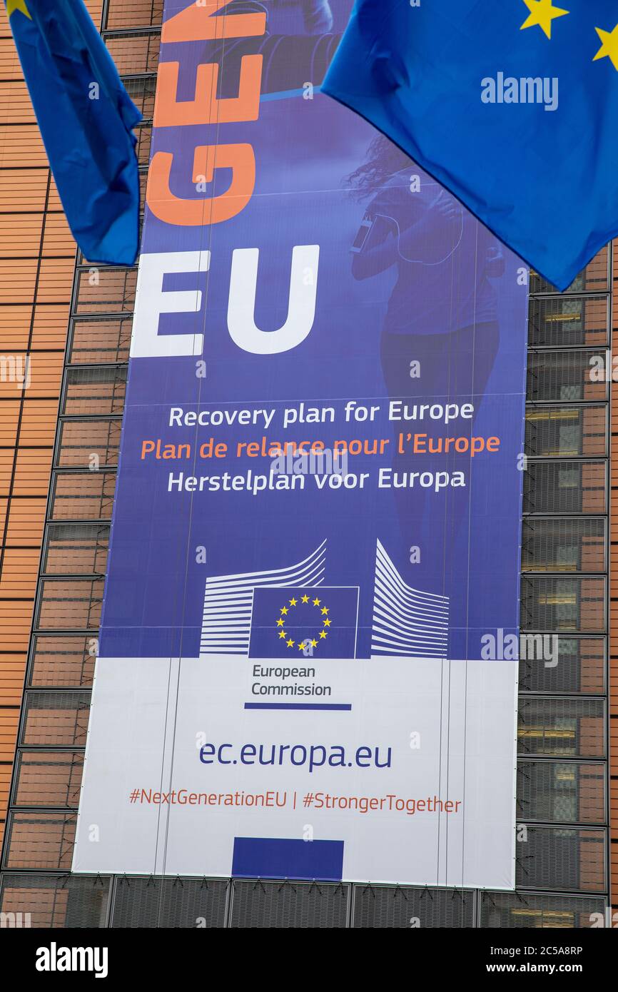 BRUSSELS, Belgium - july 1st, 2020: 'Next Generation EU' banner in front the berlaymont building, the headquarters of the European Commission Stock Photo