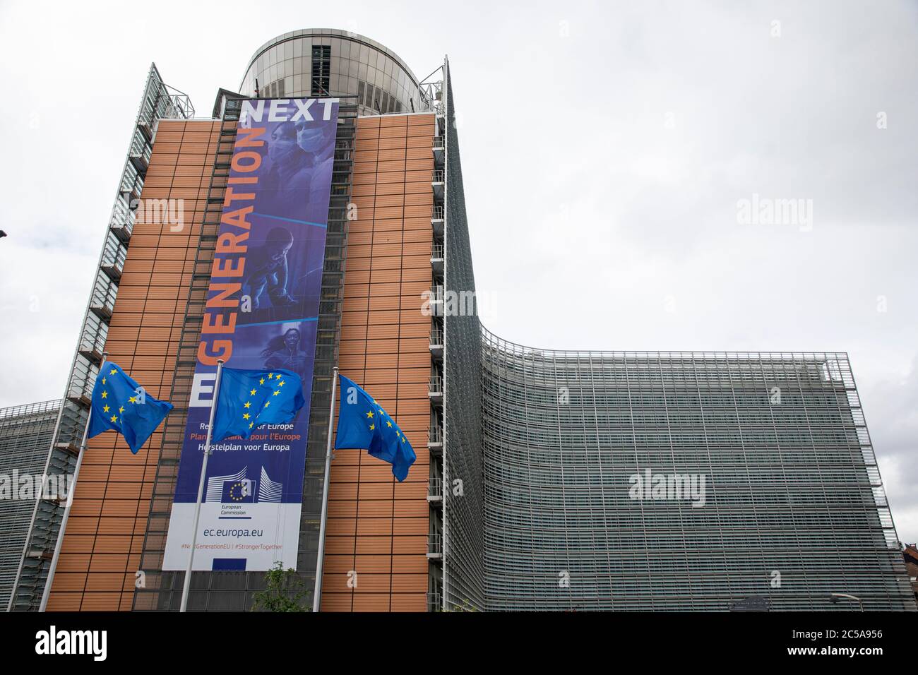 BRUSSELS, Belgium - july 1st, 2020: 'Next Generation EU' banner in front the berlaymont building, the headquarters of the European Commission Stock Photo