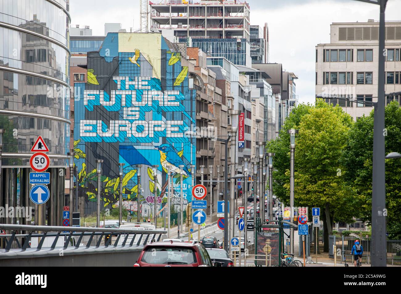 BRUSSELS, Belgium - july 1st, 2020:  View of an urban painting in the European quarter of Brussels saying 'the future is Europe' Stock Photo