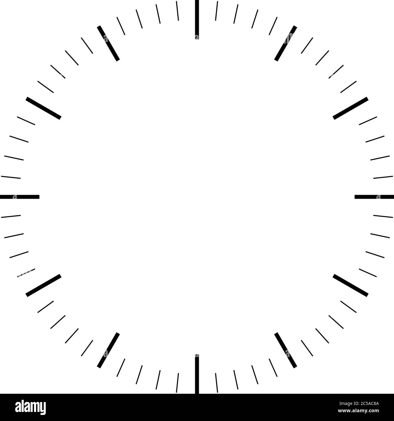 Clock face. Blank hour dial. Dashes mark minutes and hours. Simple flat