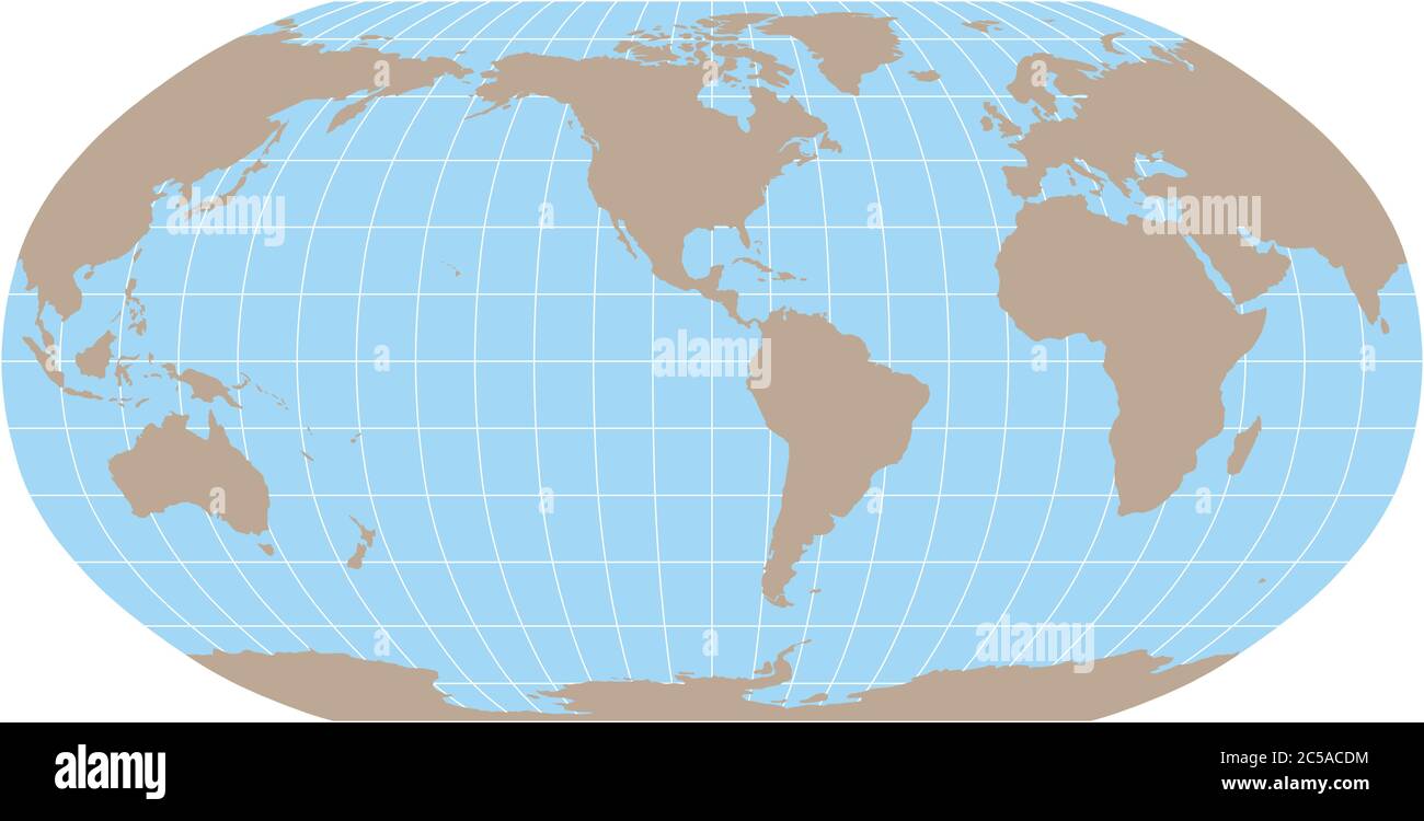 World Map in Robinson Projection with meridians and parallels grid. Americas centered. Brown land and blue sea. Vector illustration. Stock Vector
