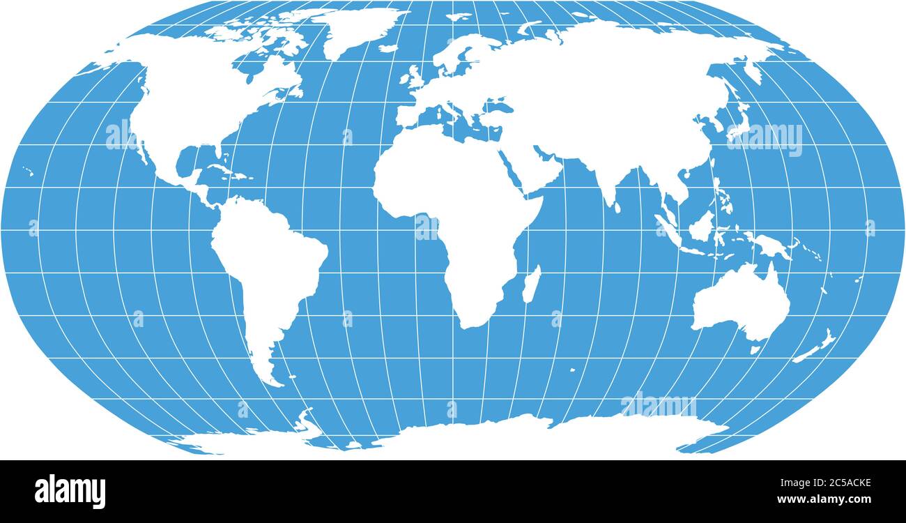 World Map in Robinson Projection with meridians and parallels grid. White land and blue sea. Vector illustration. Stock Vector