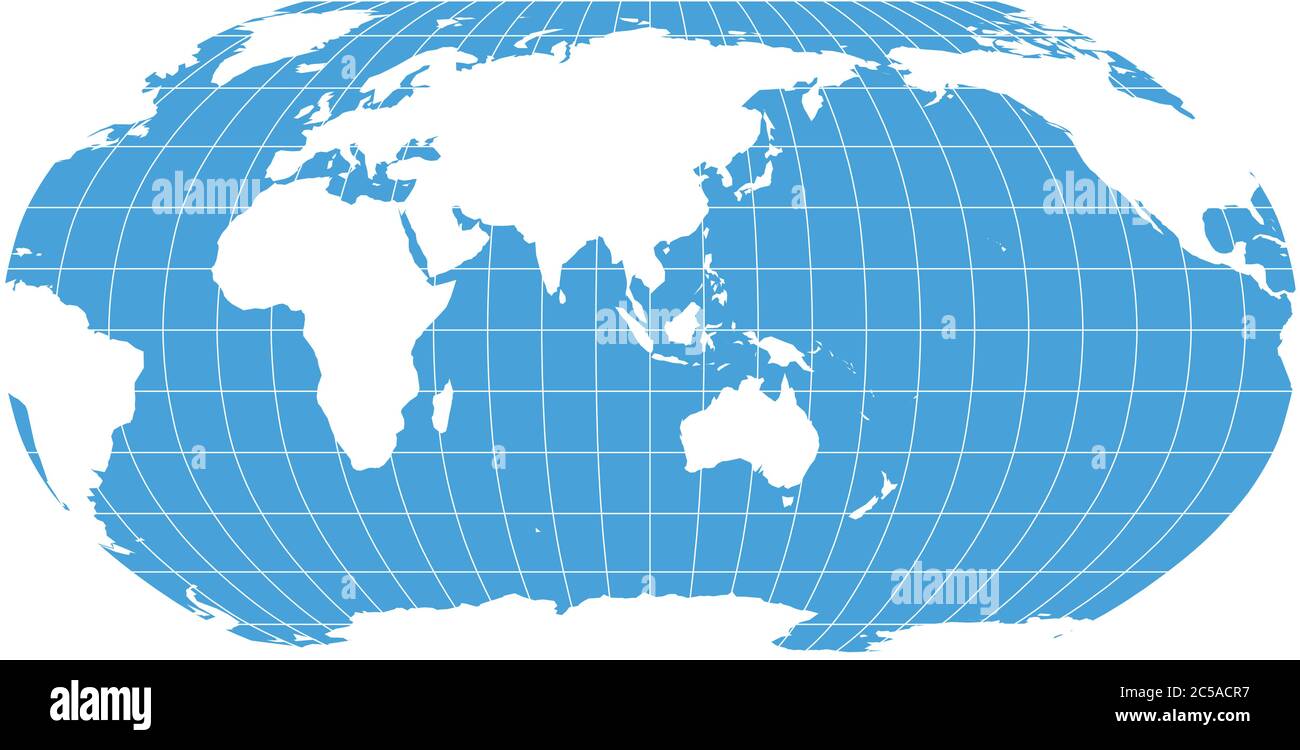 World Map in Robinson Projection with meridians and parallels grid. Asia and Australia centered. White land and blue sea. Vector illustration. Stock Vector