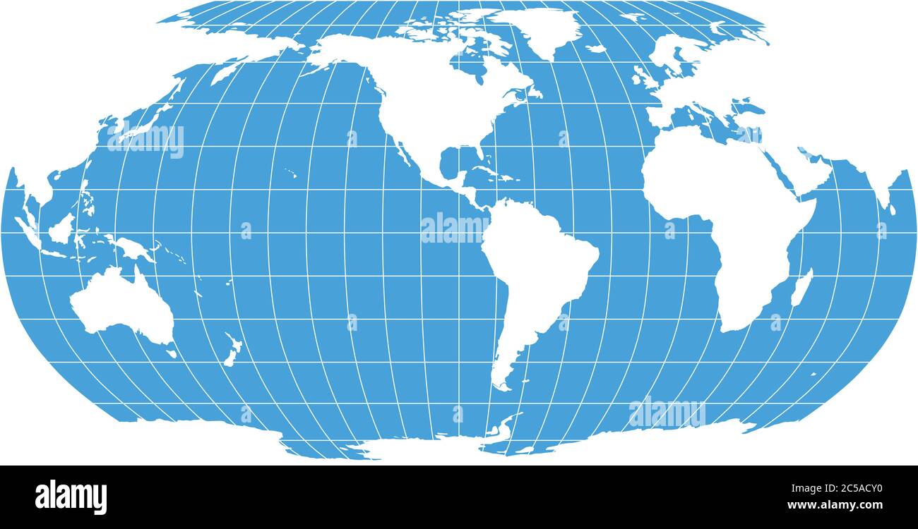 World Map in Robinson Projection with meridians and parallels grid. Americas centered. White land and blue sea. Vector illustration. Stock Vector