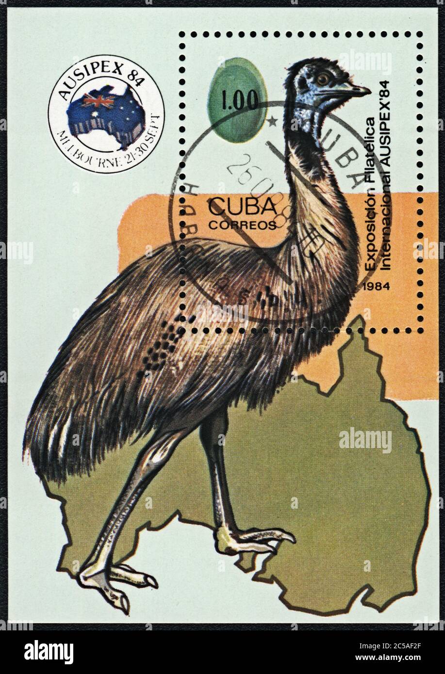 Postage stamp. Ostrich Emu, International philately exhibition Ausipex 84, Cuba, 1984 Stock Photo