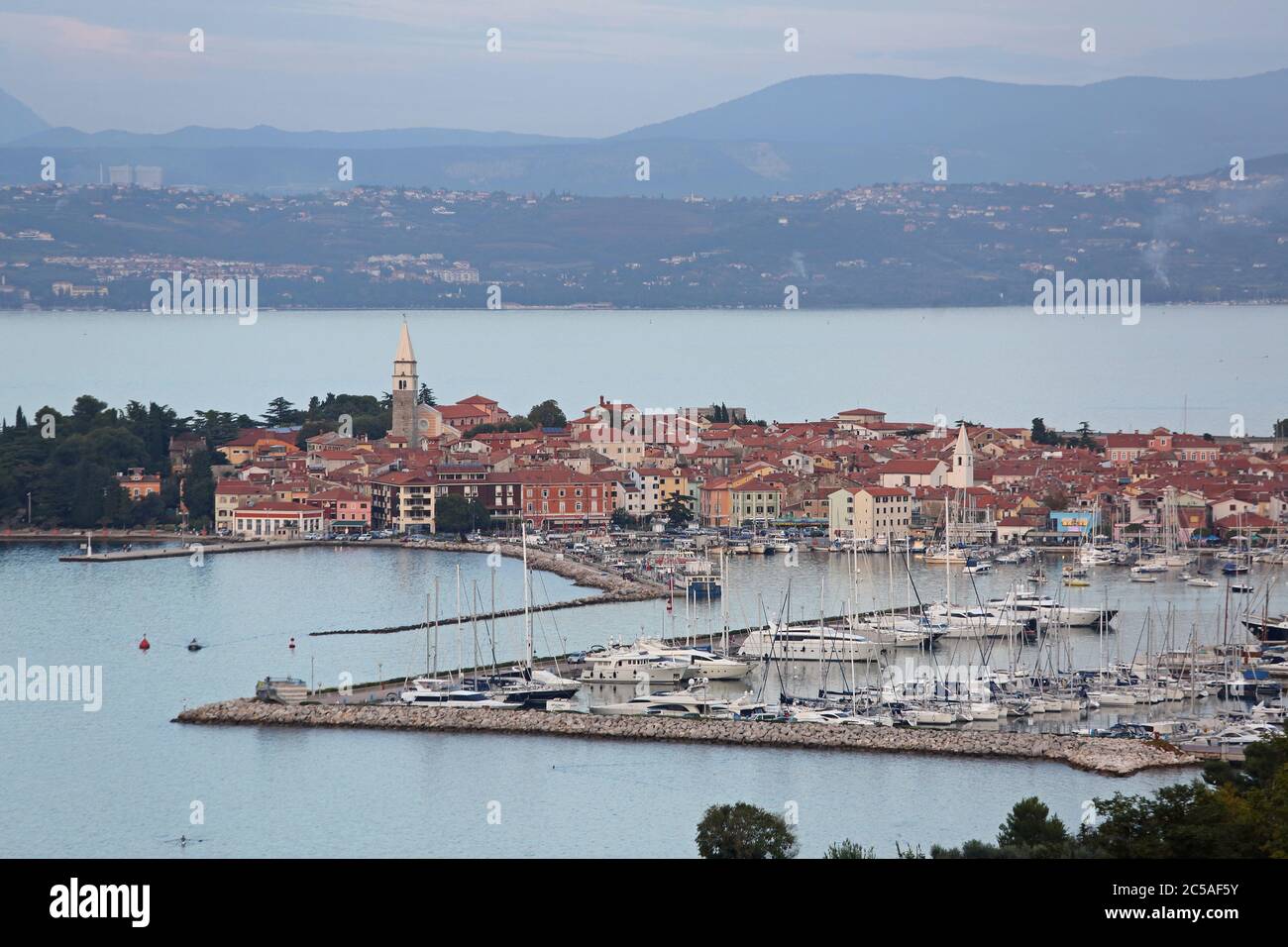 Izola, Slovenia - October 14, 2014: Aerial View of Seaside Town and Port for Yachts in Izola, Slovenia. Stock Photo