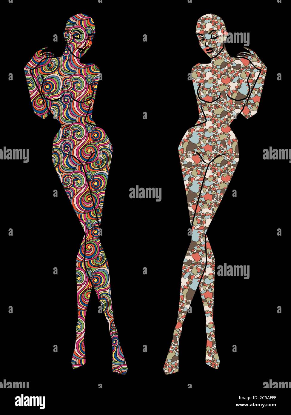 Two ladies body stencil decorated with various patterns, silhouette isolated on the black