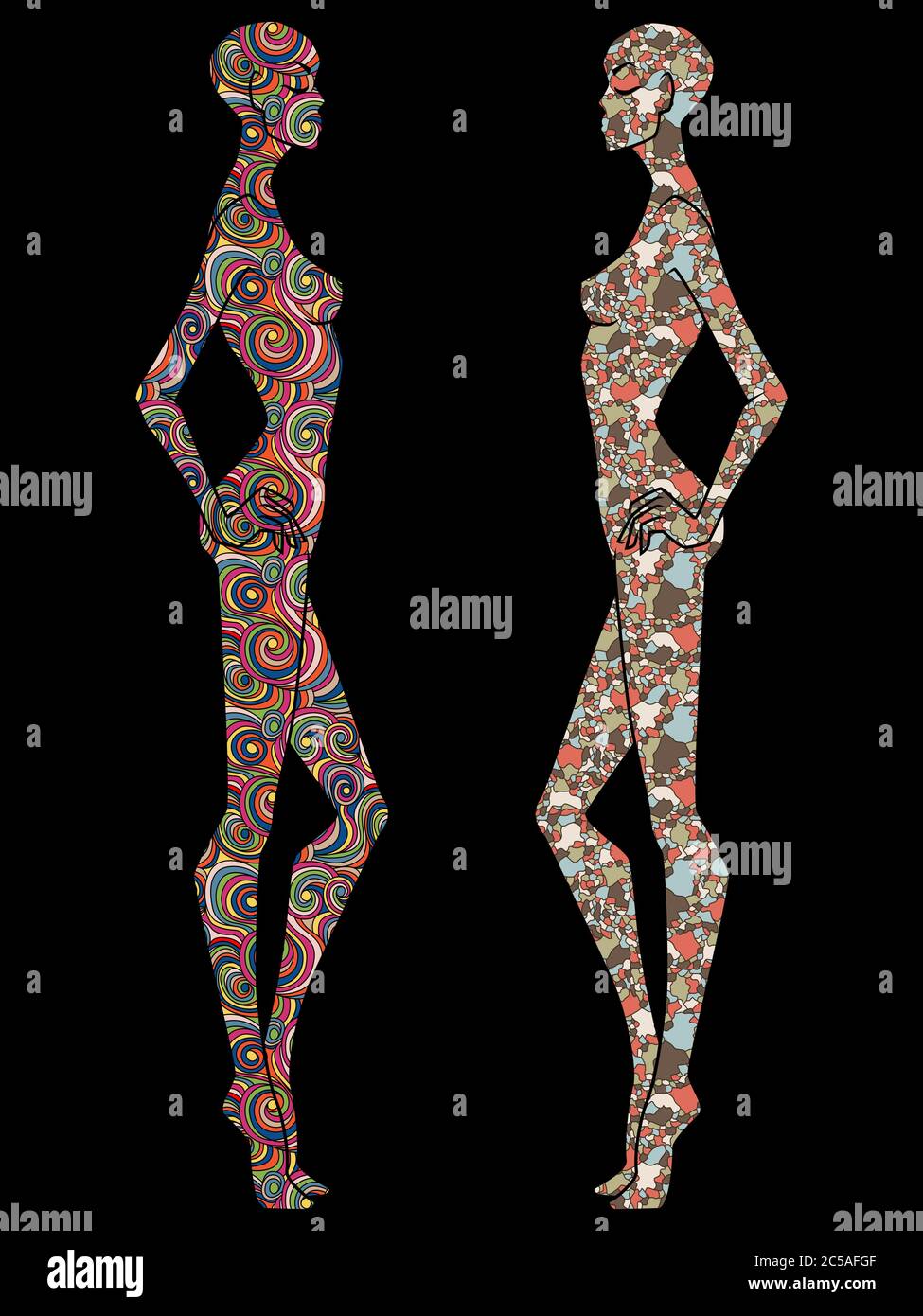Two ladies body stencil decorated with various patterns, isolated on the black background Stock