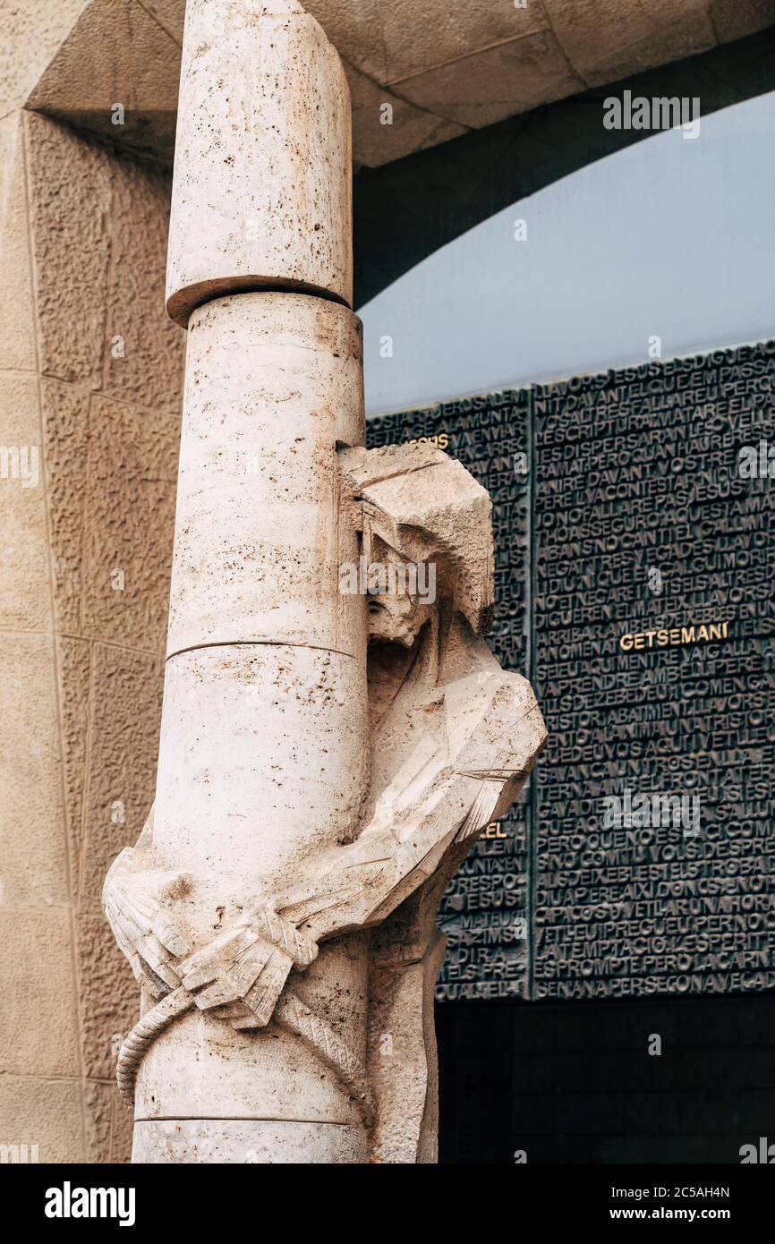 Sculptures and statues on the facade of the Sagrada Familia building. Stock Photo