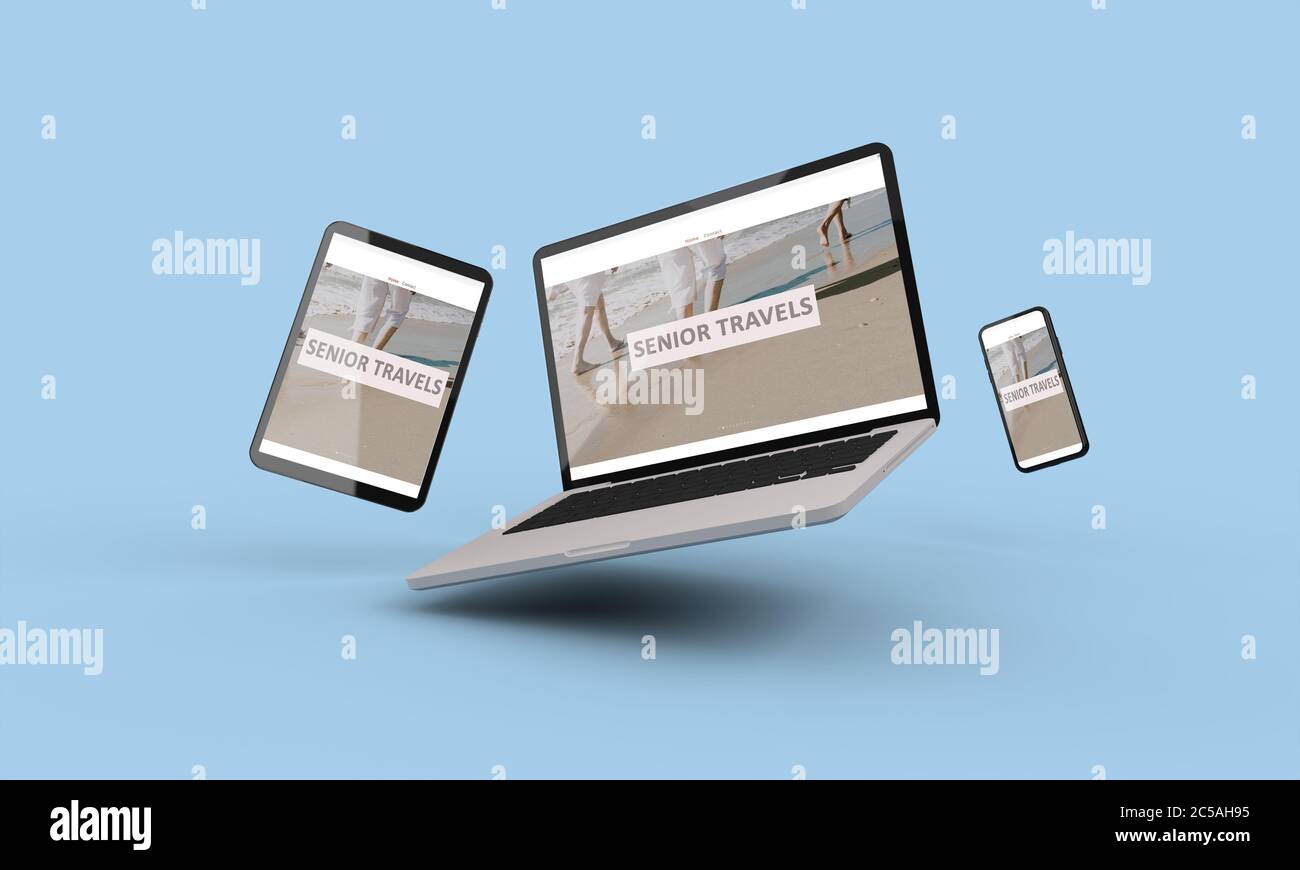 Flying Laptop, mobile and tablet 3d rendering showing travel senior responsive web design .3d illustration Stock Photo