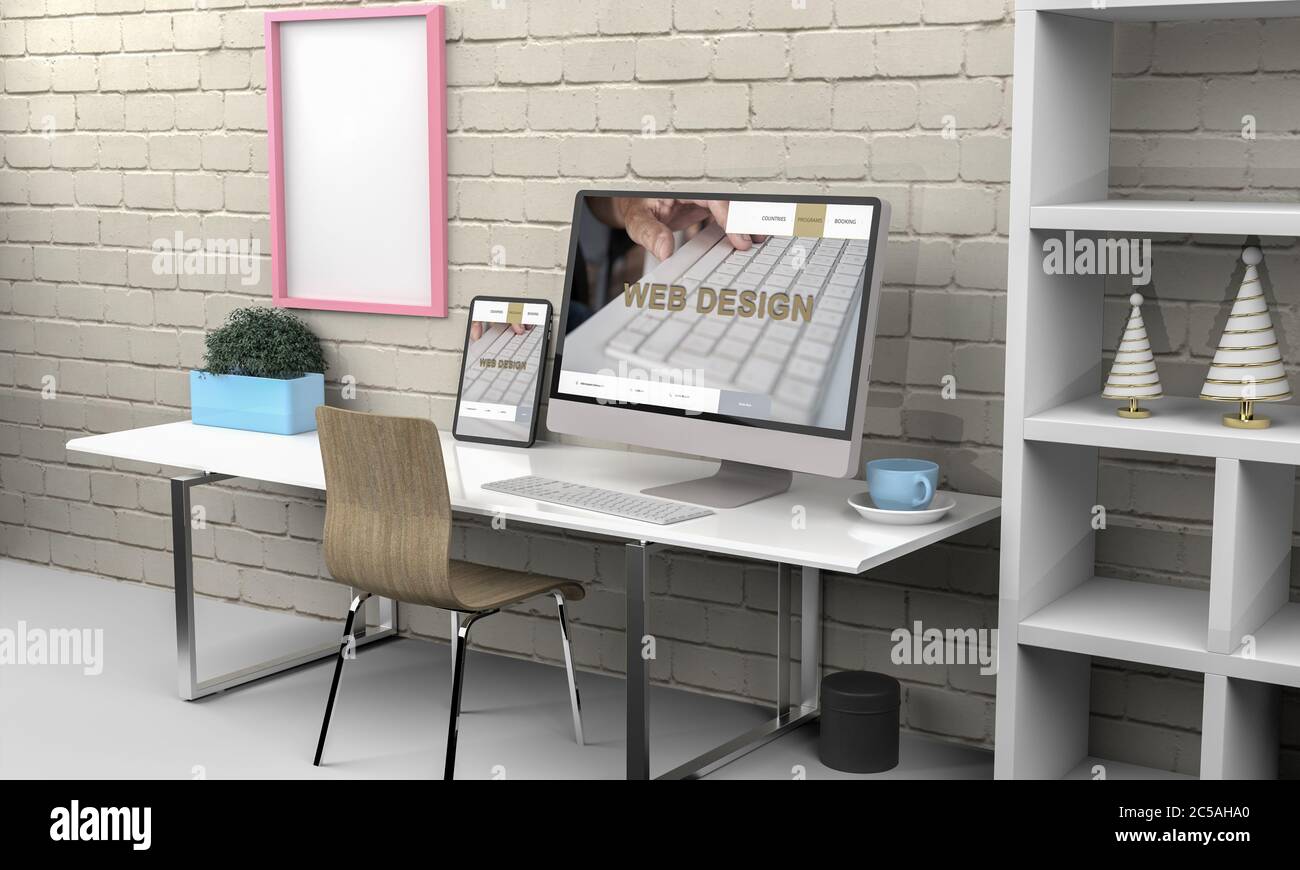 Computer and tablet 3d rendering showing responsive web design .3d illustration Stock Photo