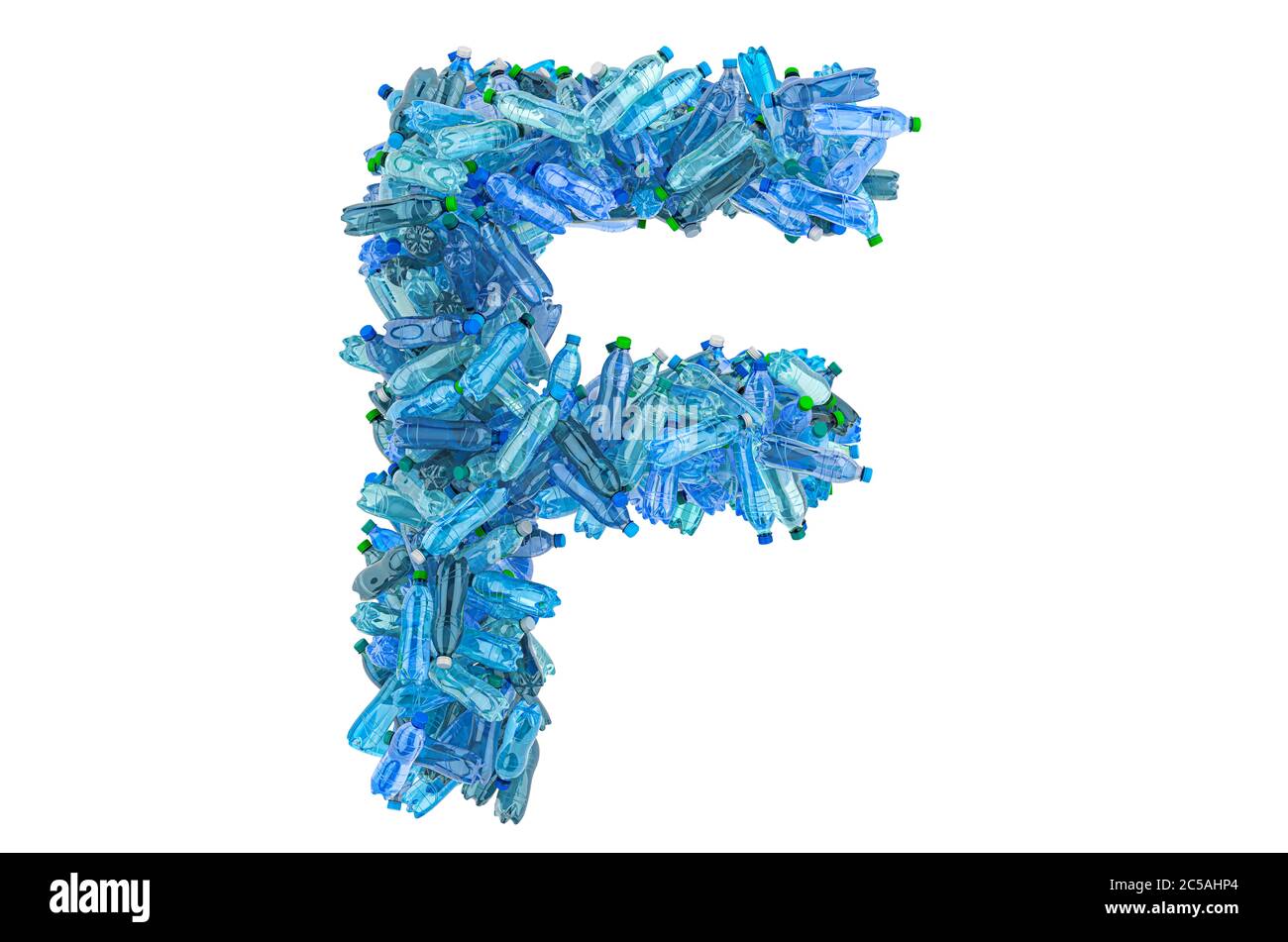 Letter F from plastic water bottles, 3D rendering isolated on white background Stock Photo