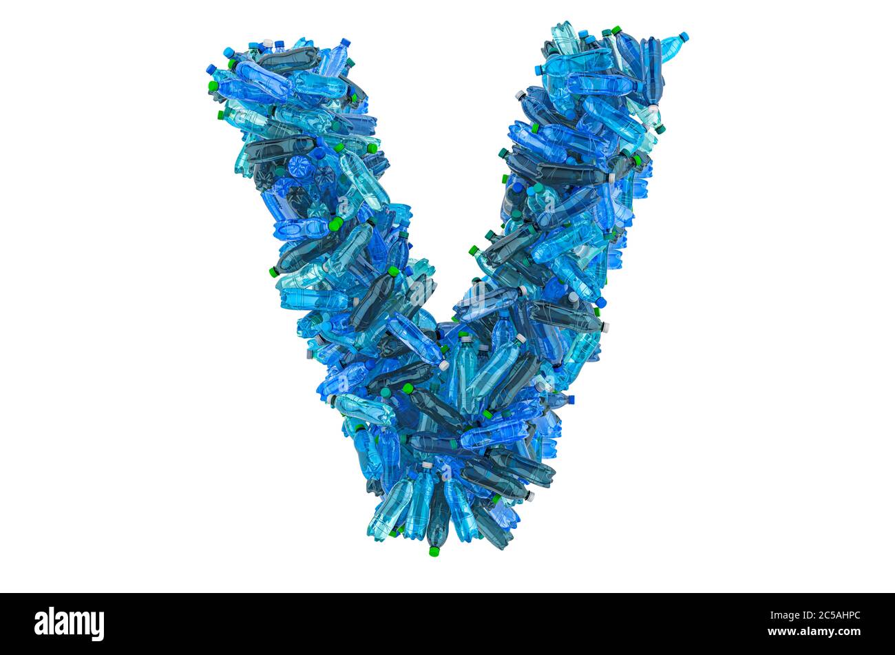 Letter V from plastic water bottles, 3D rendering isolated on ...