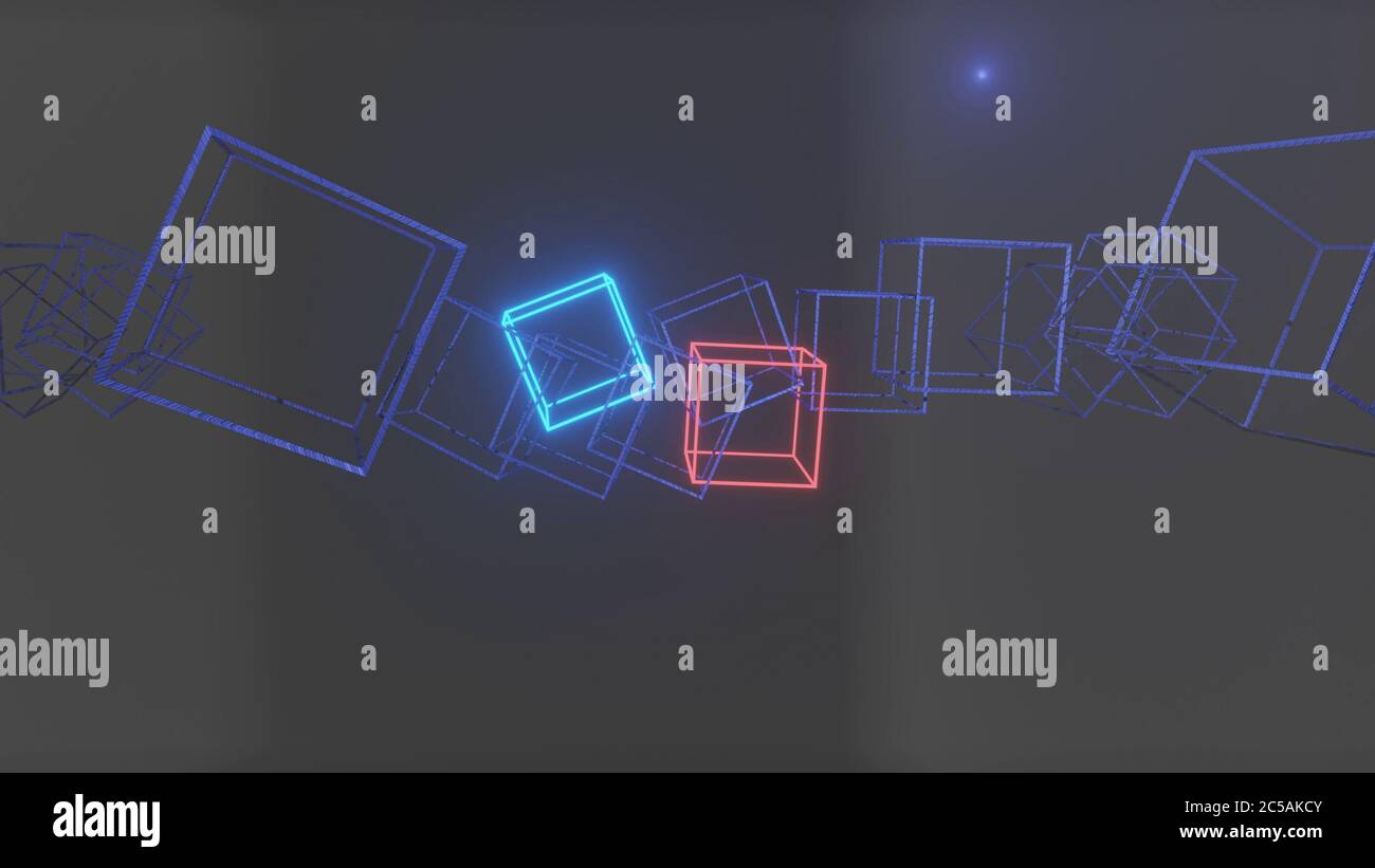 3D rendering illustration of abstract colorful neon cubes in on dark ...