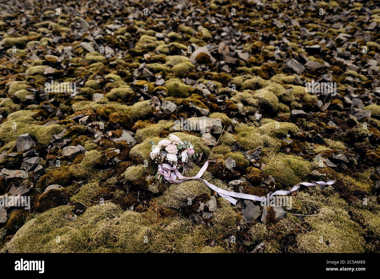 bridal bouquet of white roses, brunia and leucadendron on the ground among stones and moss in Iceland Stock Photo