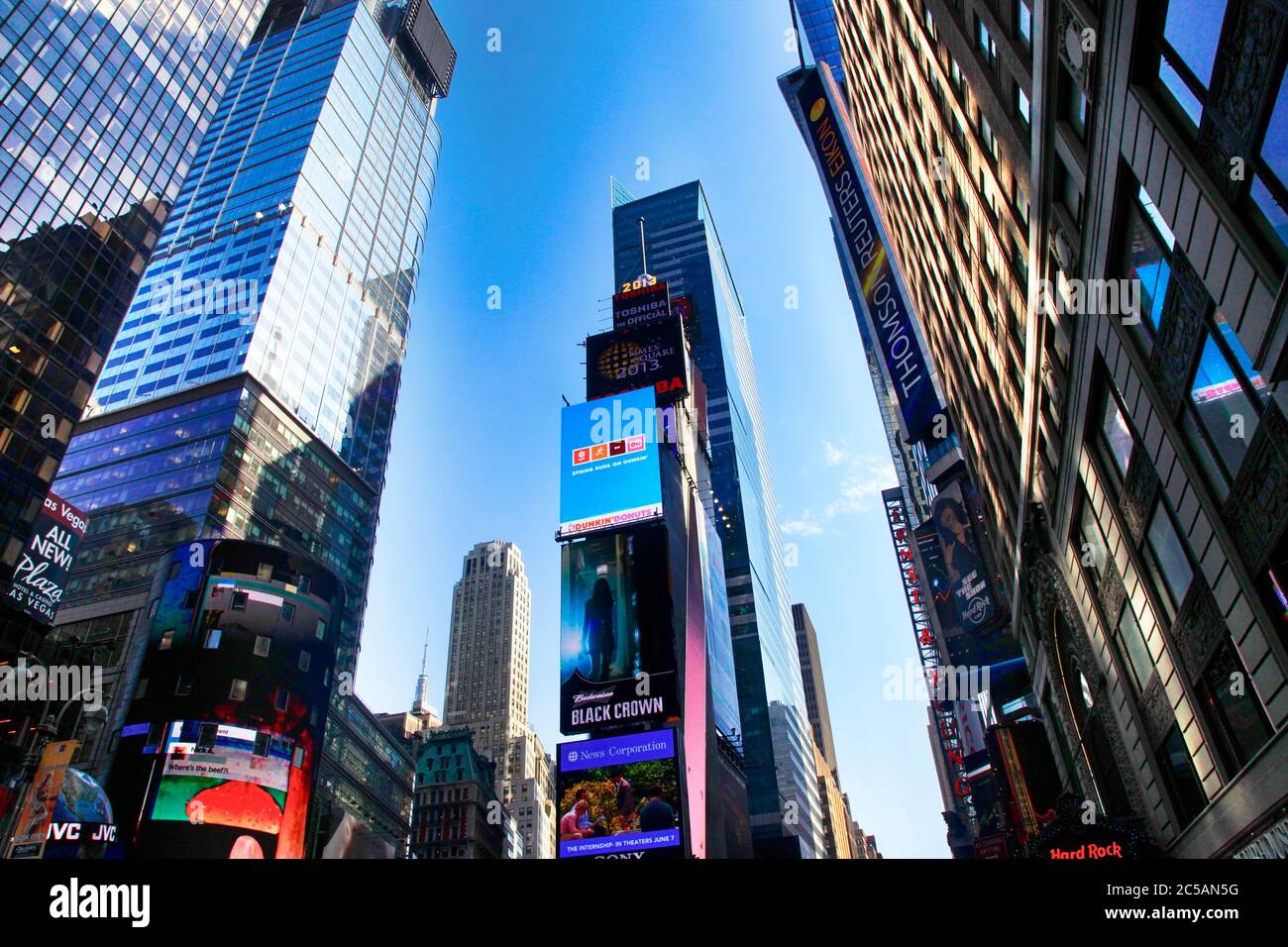 New York, NY, USA - May 16, 2013: Times Square, featured with Broadway Theaters and huge number of LED signs, is a symbol of New York City and the Uni Stock Photo