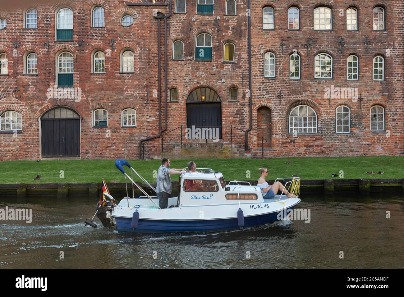 Historical salt warehouses (salt storage houses) on the Trave in Luebeck. Stock Photo