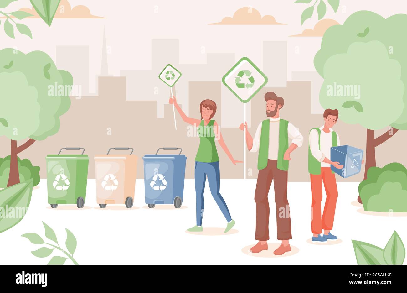 People in urban park recycling waste vector flat illustration. Man and