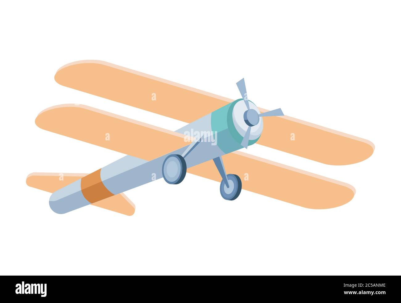 Retro classic biplane in flight vector flat illustration isolated on white background. Airplane, transportation, flight, travel symbol. Aircraft propeller with two wings. Stock Vector