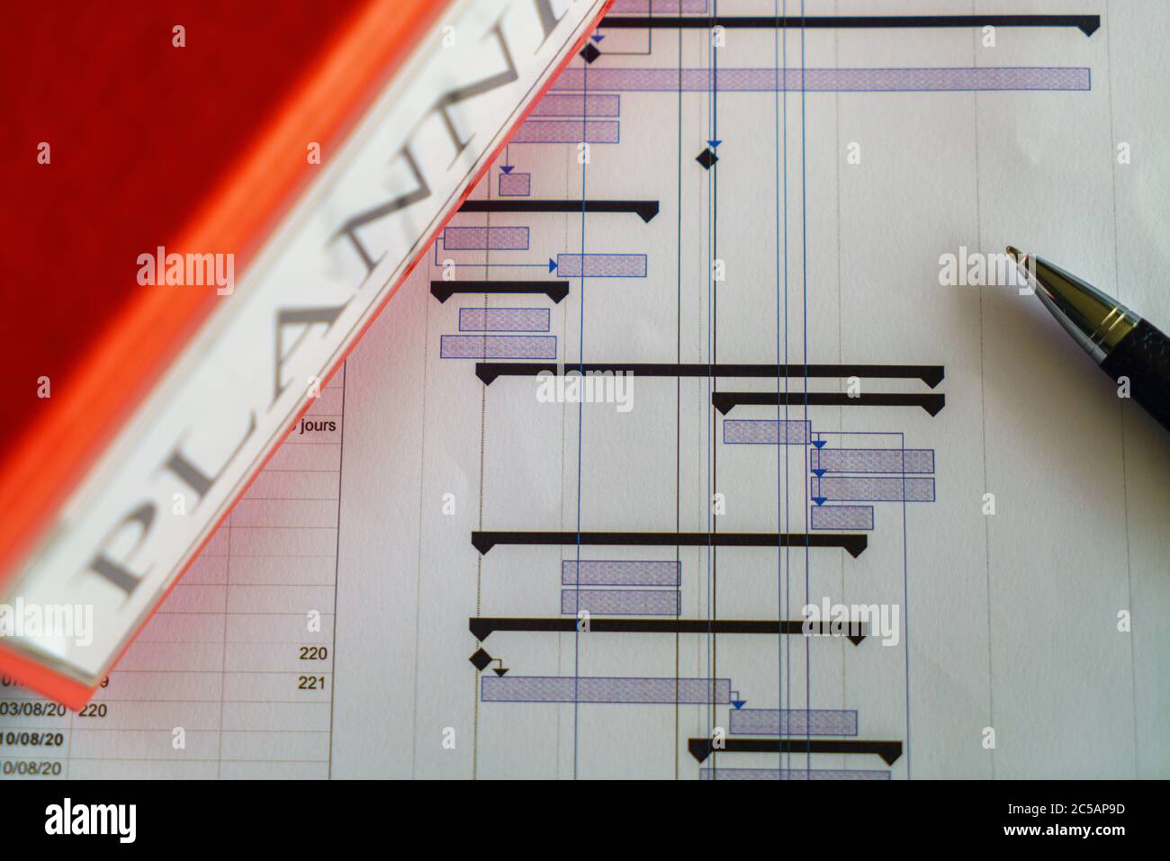 Construction project planning, management concept, gantt chart schedule, blueprints, helmet, calculator different management tools Stock Photo