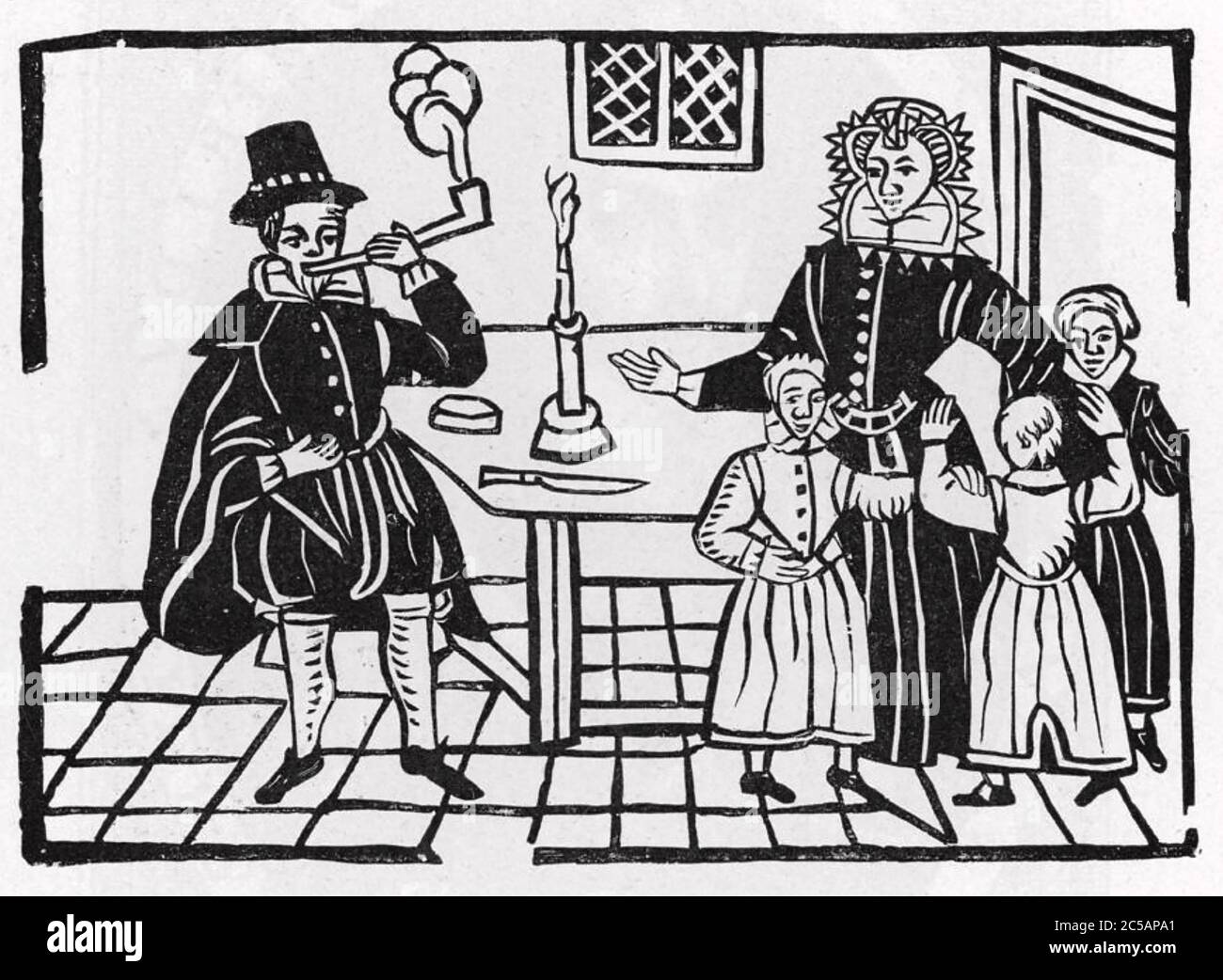 PIPE SMOKER annoys his family. 16th century woodcut. Stock Photo