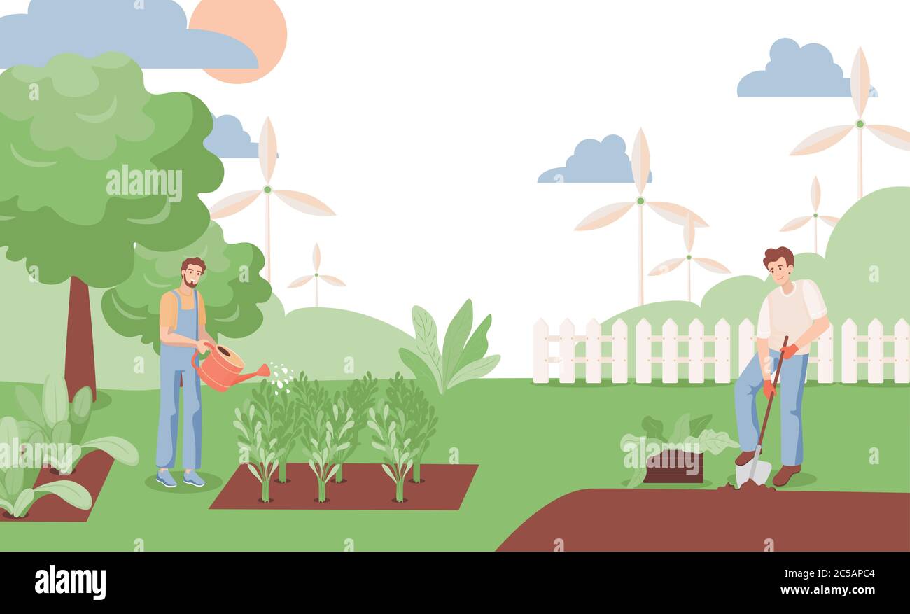 Happy smiling men watering plants and digging the garden vector flat illustration. Farmers, man, and boy working in the garden in summer. Green trees, watering can, bushes, summer landscape. Stock Vector