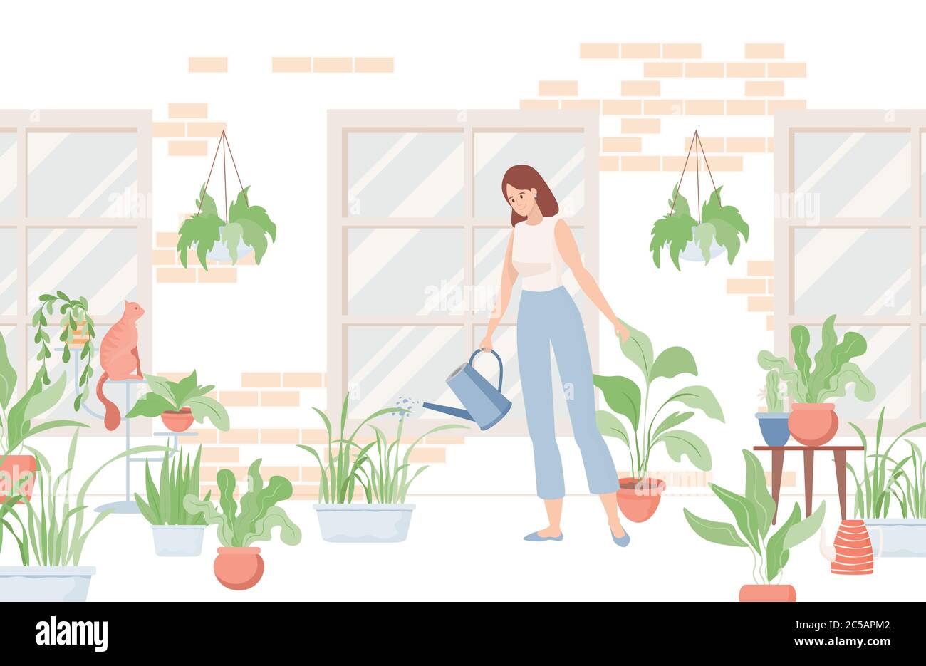 Young smiling woman in comfortable clothes holding watering can and watering home plants near the house or in the room. Cat pet, flowers in pots, gardening vector flat cartoon illustration. Stock Vector